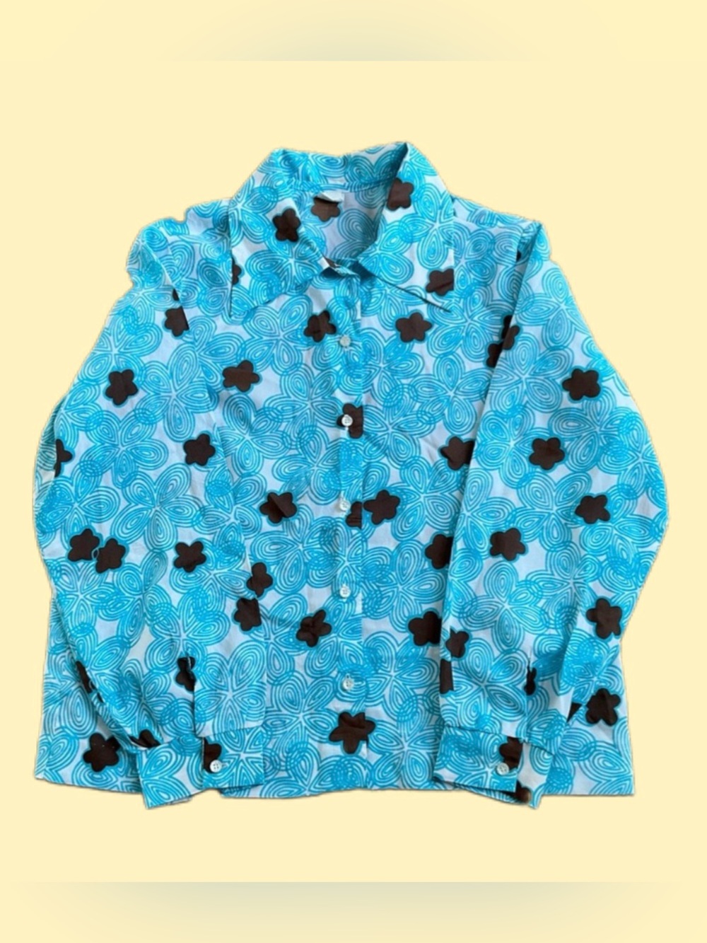 Genuine Vintage 1970’s Long Sleeved Button Down Blue Floral Shirt, Dagger Collar